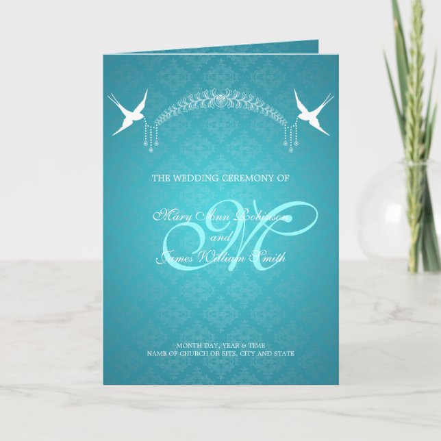 Programme de mariage Oiseaux Monogramme Turquoise (Devant)