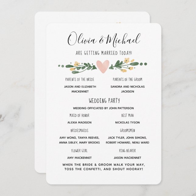 Programme de mariage Ordre des événements (Devant / Derrière)