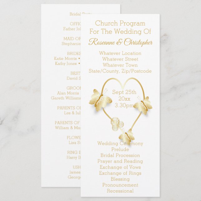 Programme de mariage papillon cœur couleur or (Devant / Derrière)