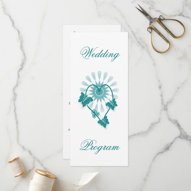 Programme de mariage Papillons Turquoises Coeur (Devant/Arrière en situation)