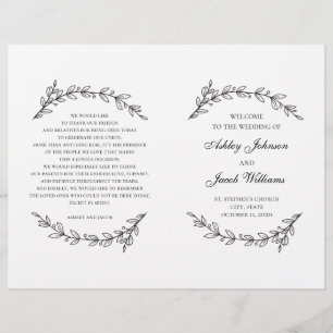Programme de mariage plié. Botanique noir et blanc