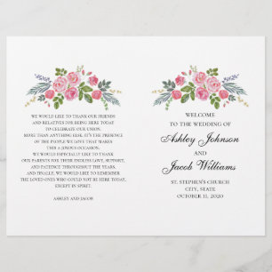 Programme de mariage plié. Roses roses. Fleurs de 