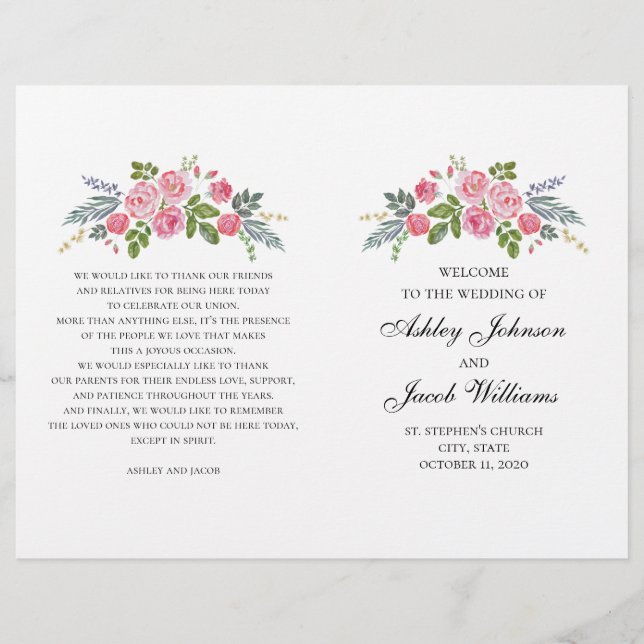 Programme de mariage plié. Roses roses. Fleurs de  (Devant)