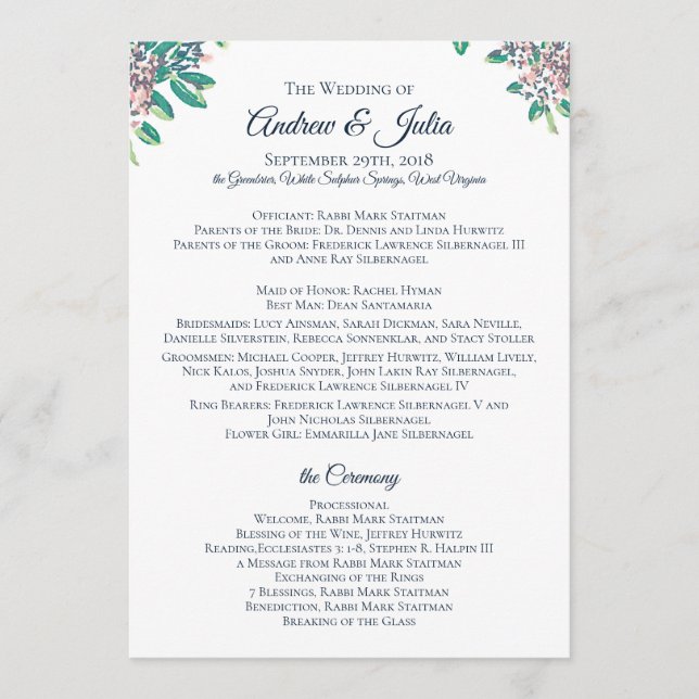 Programme de mariage pour Julia et Andrew (Devant)