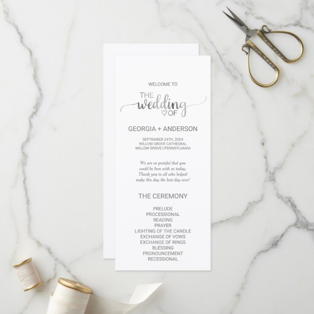 Programme de mariage pour la calligraphie argentée (Devant/Arrière en situation)