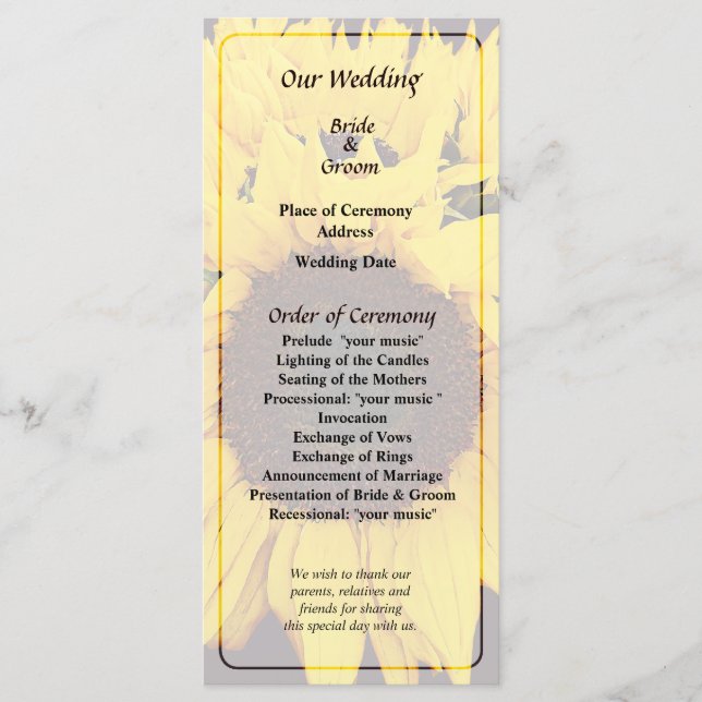 Programme de mariage pour médaillon de tournesol (Devant)