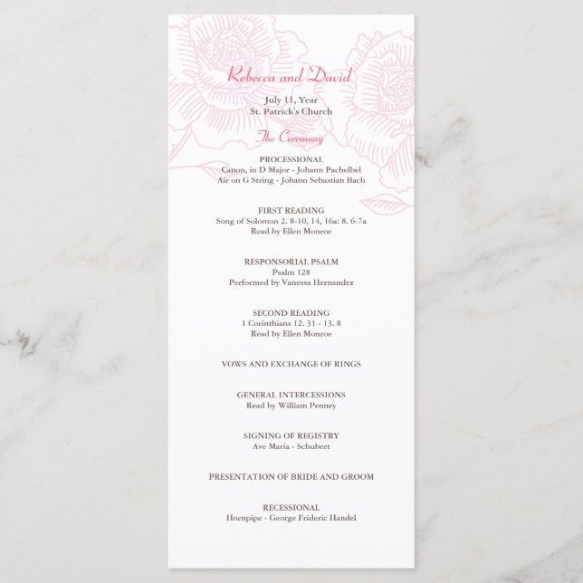 Programme de mariage rose dessiné à la main rose (Devant)