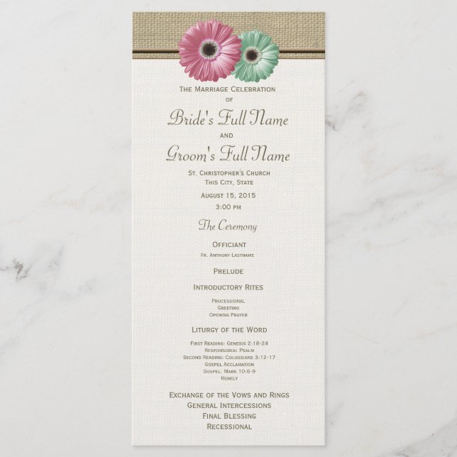 Programme de mariage rose et vert Gerbera Daisy (Devant)
