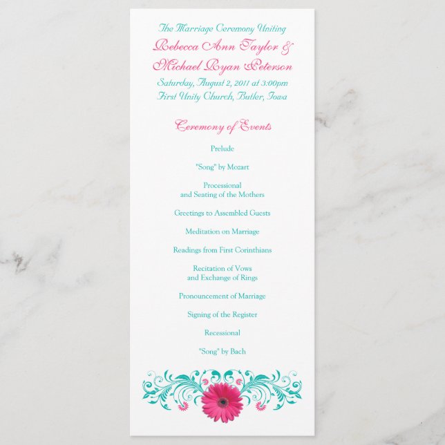 Programme de mariage rose Gerbera Daisy Turquoise (Devant)