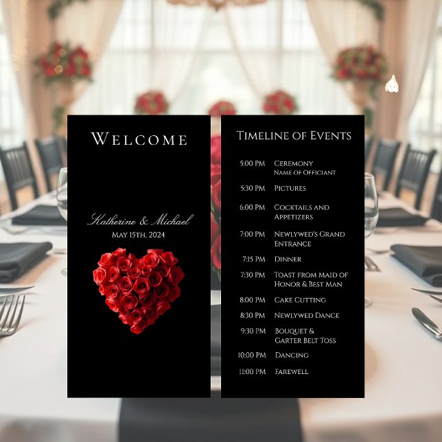 Programme de Mariage - Roses Rouges en Forme de Cœ (Wedding Registry-Heart Shaped Red Roses- Wedding Timeline of Events- Program)