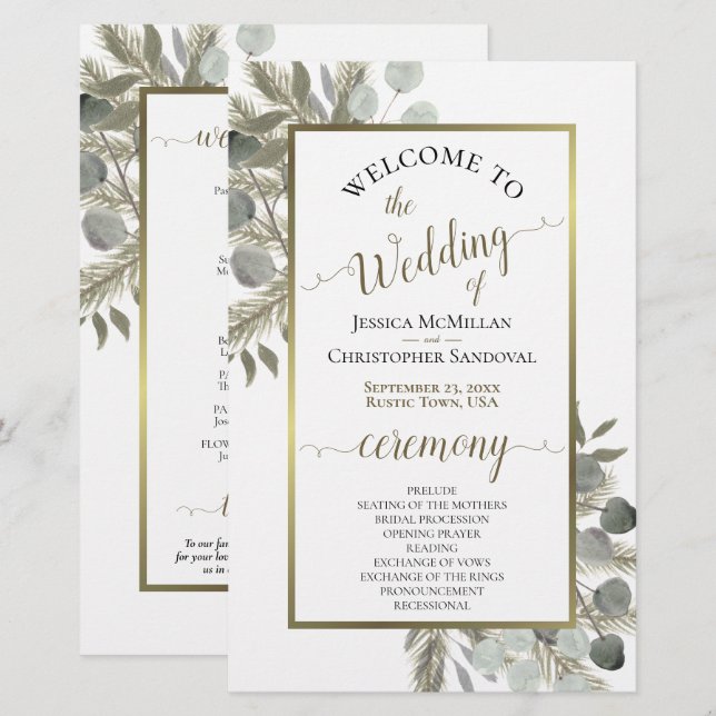 Programme de mariage rustique eucalyptus & pin à b (Devant / Derrière)