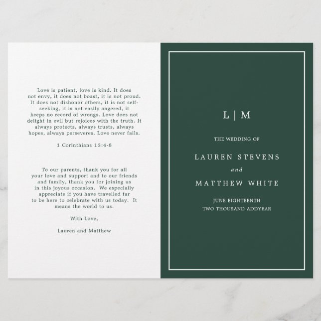 Programme de mariage simple à monogramme vert forê (Devant)