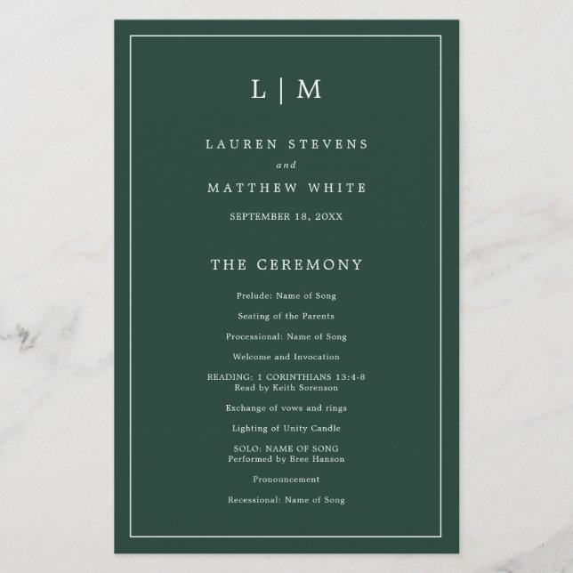 Programme de mariage simple avec monogramme vert f (Devant)