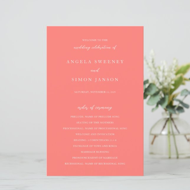 Programme de mariage simple corail vibrant moderne (Debout devant)