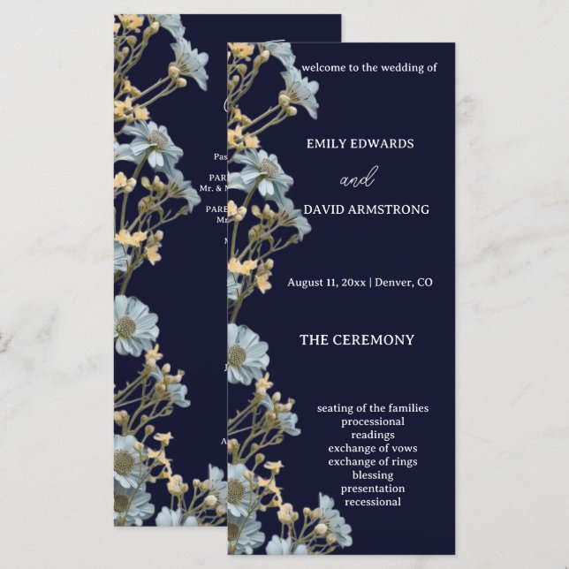 Programme de mariage simple floral moderne Navy (Devant / Derrière)