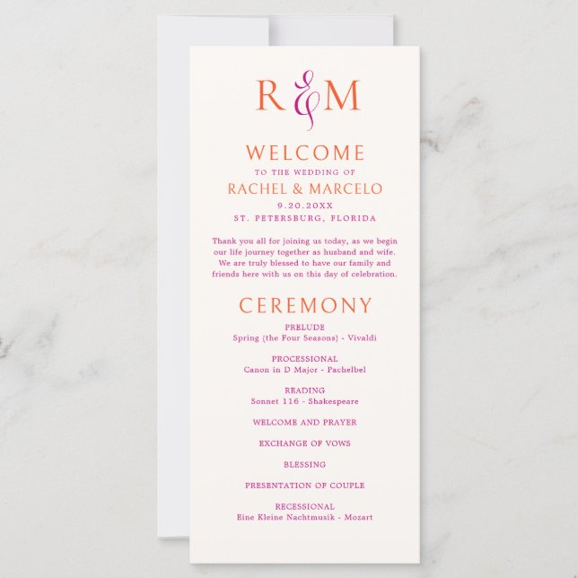 Programme de mariage simple Monogramme rose vif (Devant)