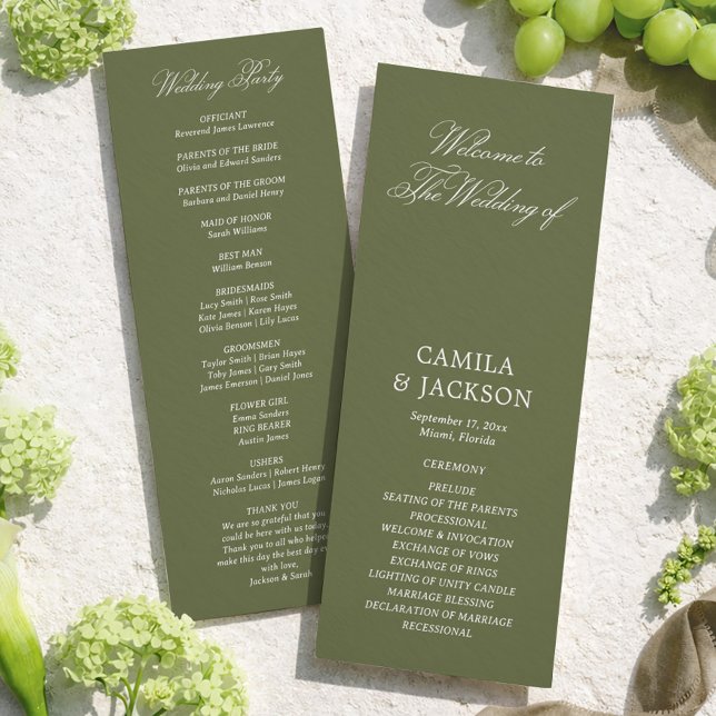 Programme de mariage simple vert olive plat (Créateur téléchargé)