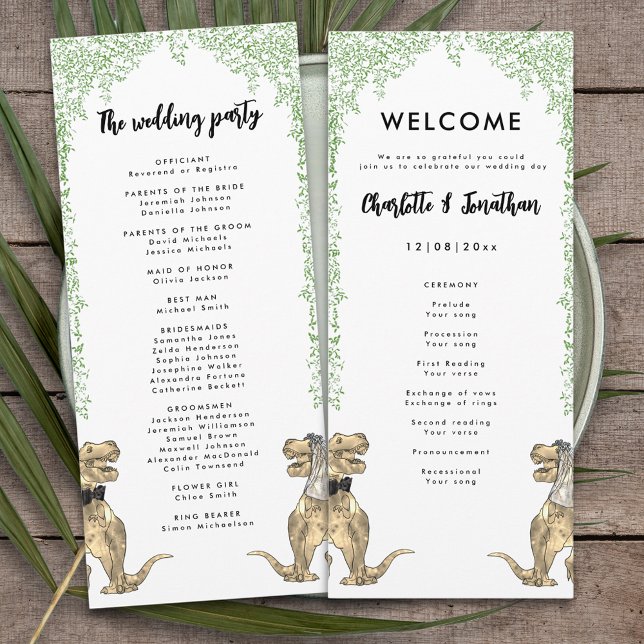 Programme de mariage sur le thème des dinosaures  (Dinosaur bride and groom T-Rex dino wedding day program)