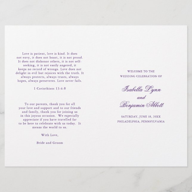 Programme de mariage traditionnel violet formel él (Devant)