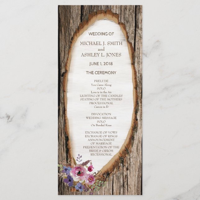 Programme de mariage Tranche d'arbre avec fleurs (Devant)