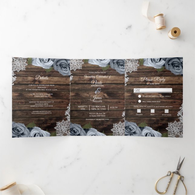 Programme de mariage triple pli en bois rustique b (Intérieur)
