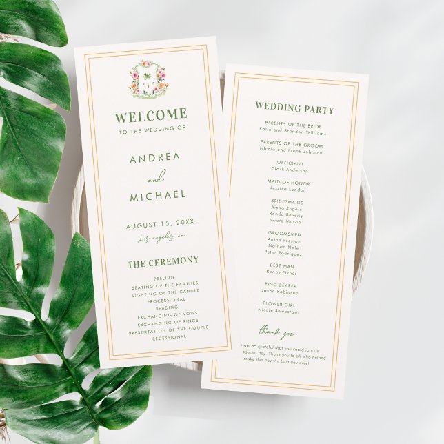 Programme de mariage tropical au monogramme de pal (Créateur téléchargé)