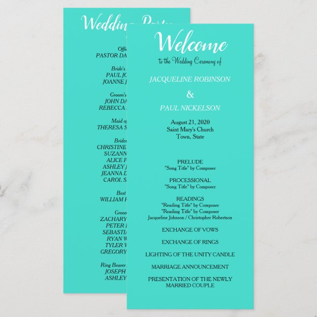 Programme de mariage turquoise (Devant / Derrière)