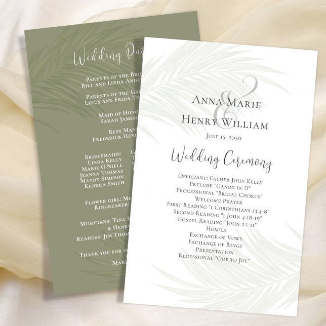 Programme de mariage verdoyant Élégantes feuilles  (Elegant Wedding Program template with tropical green palm leaves. )