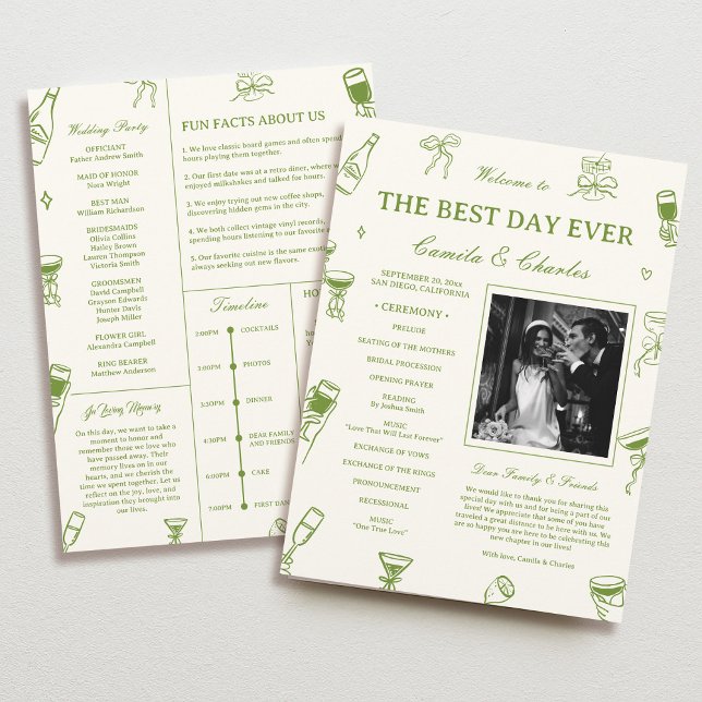 Programme de mariage vert à dessin à main levée (Créateur téléchargé)
