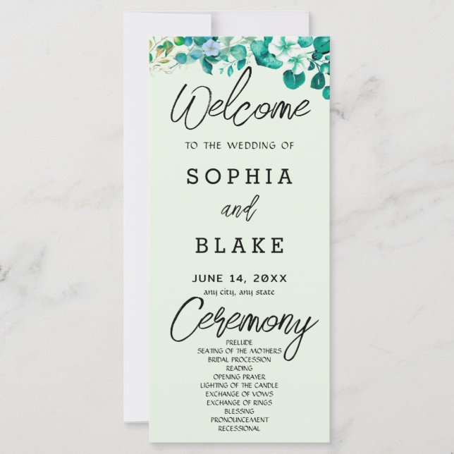 Programme de mariage vert clair avec fleurs blanch (Devant)