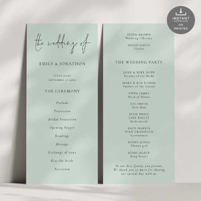 Programme de mariage vert de la menthe de script m (Front and back view)