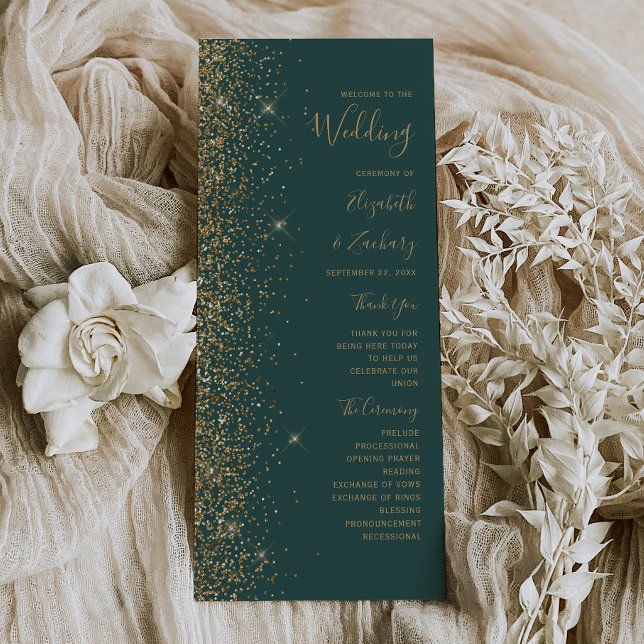 Programme de mariage vert foncé pailleté or modern (Créateur téléchargé)
