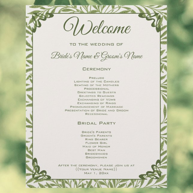 Programme de mariage vintage avec feuilles de saul (Vintage Wedding, Victorian Willow Leaves Pattern by William Morris Wedding Day Program)