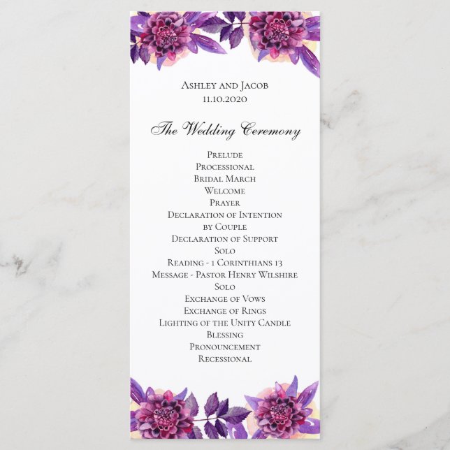 Programme de mariage violet. Cérémonie des fleurs  (Devant)
