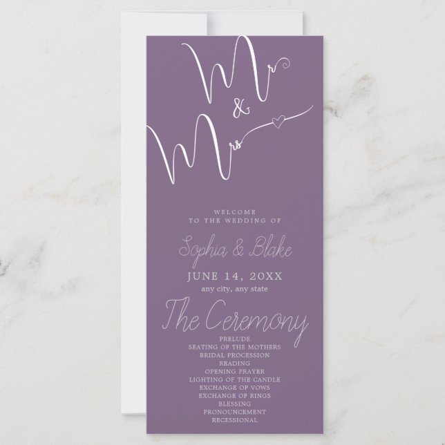 Programme de mariage violet délavé de M. et Mme Mi (Devant)