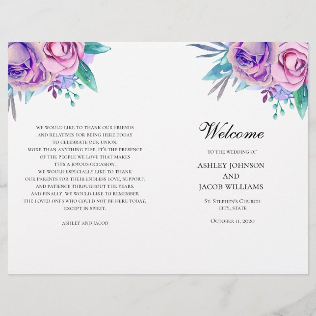 Programme de mariage violet plié. Fleurs Lilac (Devant)