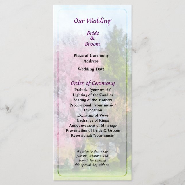 Programme de mariage Weeping Cherry et Evergreen (Devant)
