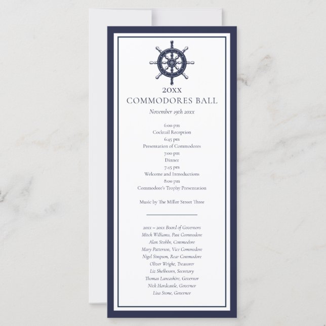 Programme de menu bleu marine Nautical Yacht Club (Devant)