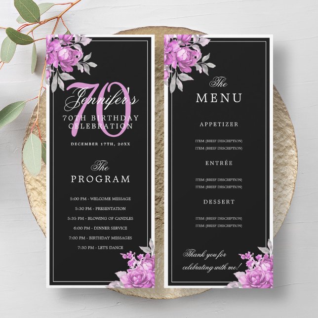 Programme de menu d'anniversaire 70 ans Fleurs ros (Pink Floral 70th Birthday Program Menu Black)