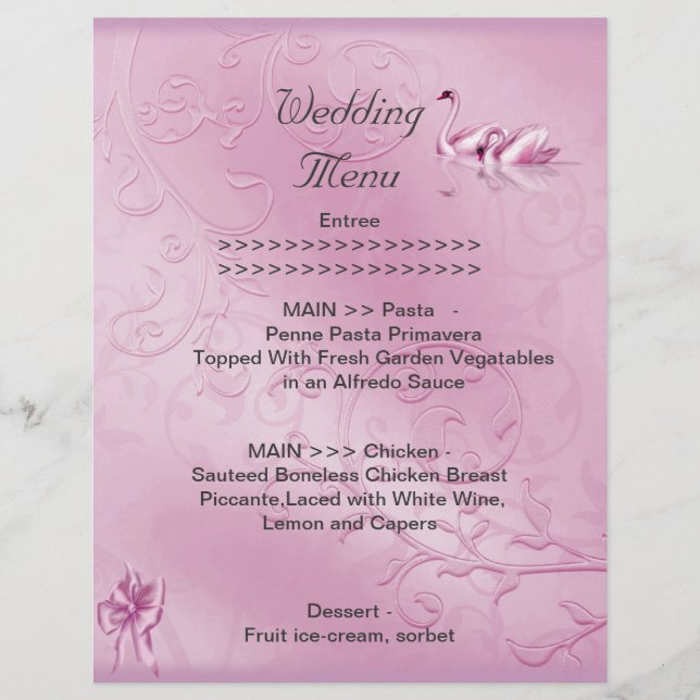 Programme de menu de mariage ensemble rose cygnes  (Devant)