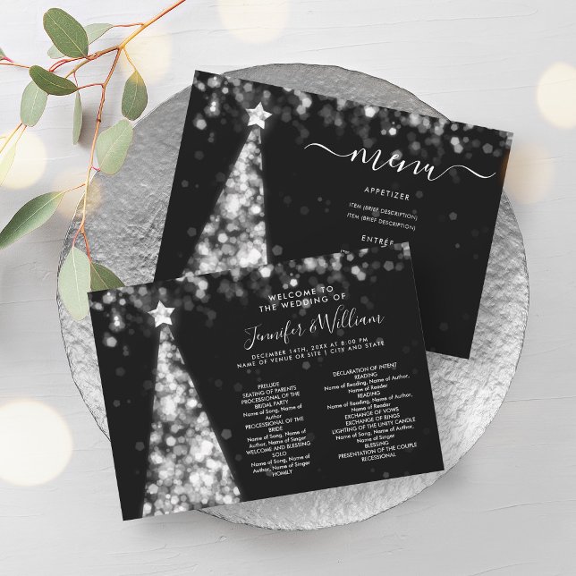 Programme de menu Mariage en argent de l'arbre de  (Festive Xmas Tree Silver Wedding Menu Program)