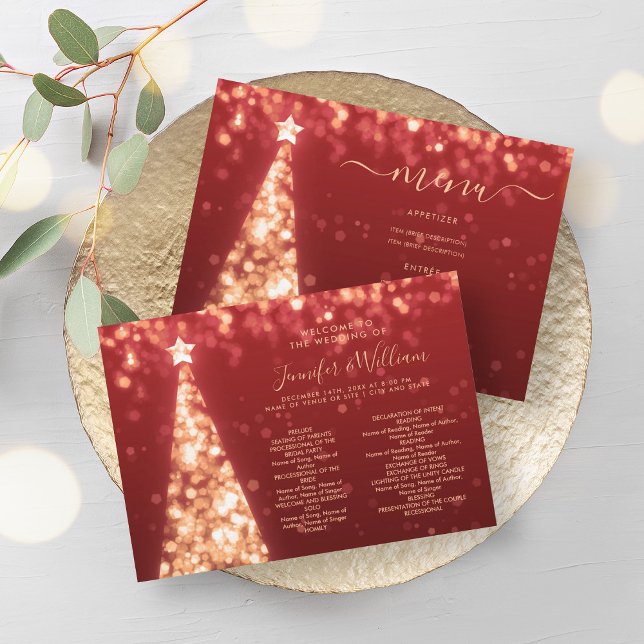 Programme de menu Mariage rouge or de l'arbre de N (Festive Xmas Tree Gold Red Wedding Menu Program)