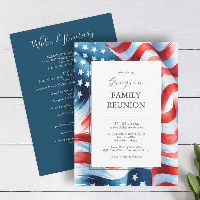 Programme de Réunion de Famille Patriotique Modern (American flag family reunion invitations red white and blue with weekend itinerary)