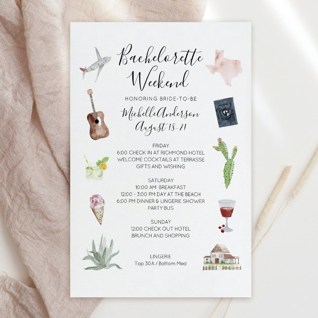 Programme de week-end de célibataire au Texas aqua (Watercolor Texas Bachelorette Weekend Itinerary invitation)