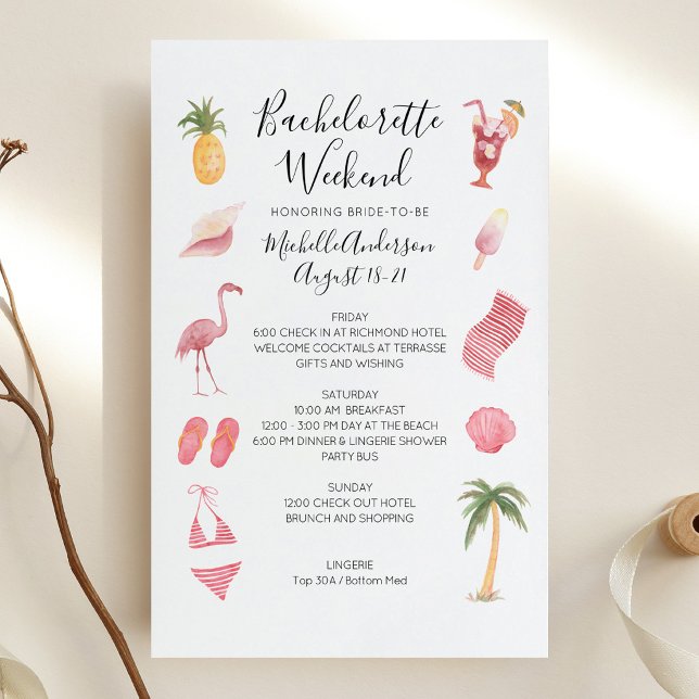 Programme de week-end d'enterrement de vie de jeun (Watercolor Beach Bachelorette Weekend Itinerary Invitation)