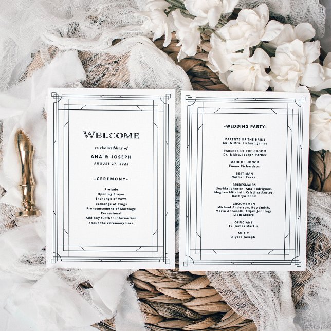 Programme Déco moderne | Élégant Mariage noir et blanc (A vintage art deco style wedding program in black and white)