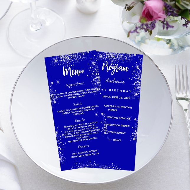 Programme dîner menu de fête bleu royal argent (Créateur téléchargé)