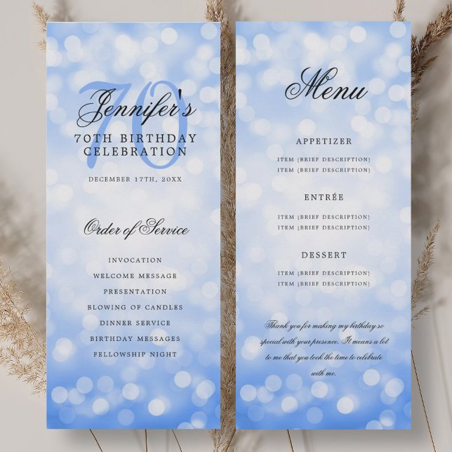 Programme du 70e anniversaire Menu Bokeh Bleu Mari (70th Birthday Program Navy Blue Bokeh Menu)