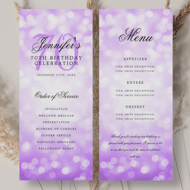 Programme du 70e anniversaire Menu Bokeh Violet (70th Birthday Program Purple Bokeh Menu)