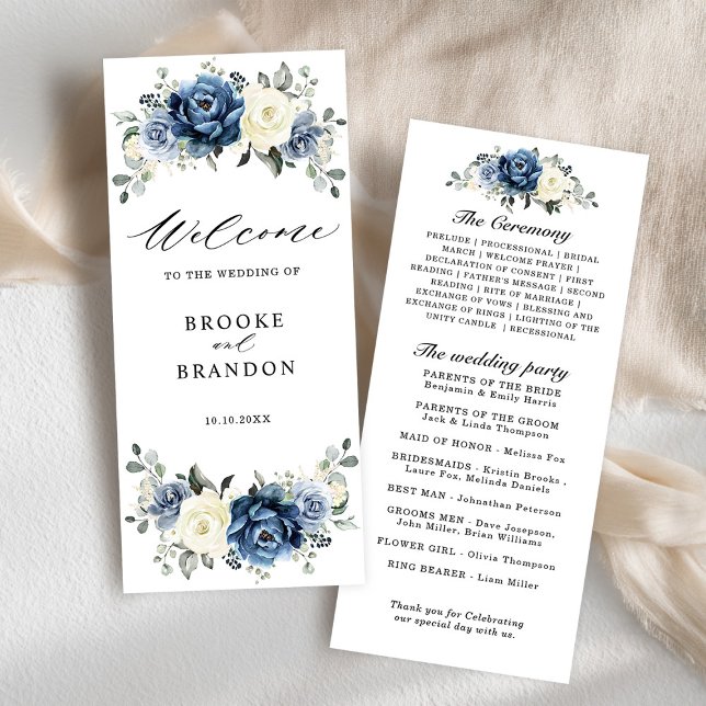 Programme Dusty Blue Navy Champagne Ivory Floral Mariage (Dusty Blue Navy Champagne Ivory Floral Wedding Program card)